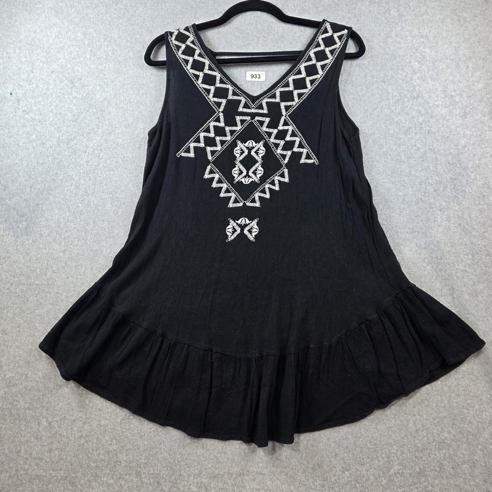 Mittoshop Womens Black Embroidered V-Neck Ruffle‎ Hem Sleeveless Tunic Top Boho